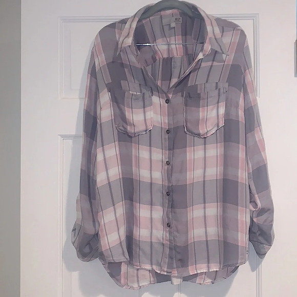Kut from the Kloth Hannah Plaid Button Down Shirt Pink/Grey/White Size M - Picture 4 of 9